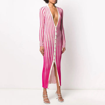 High Quality Striped Elastic Split Sweater Dress Elegant Women'S Bodycon Evening Party Long Dress Female 2021 Fashion New